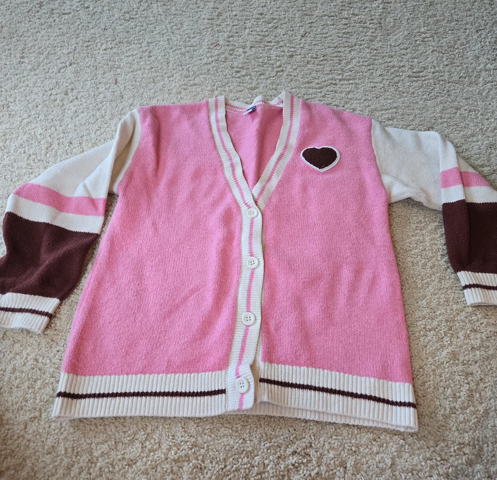 Old Navy Pink and Cream Heart Button-Up Cardigan